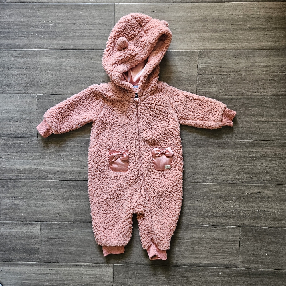 7 For All Mankind Infant Baby Faux Shearling Hooded Pink Coverall Sz 3/6 Mos